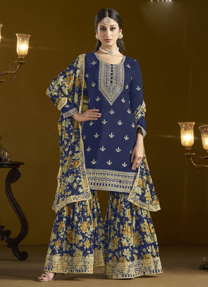 Vegaa Fashion Navy Blue Chinon Silk Embroidered Palazzo Suit | Grocsy