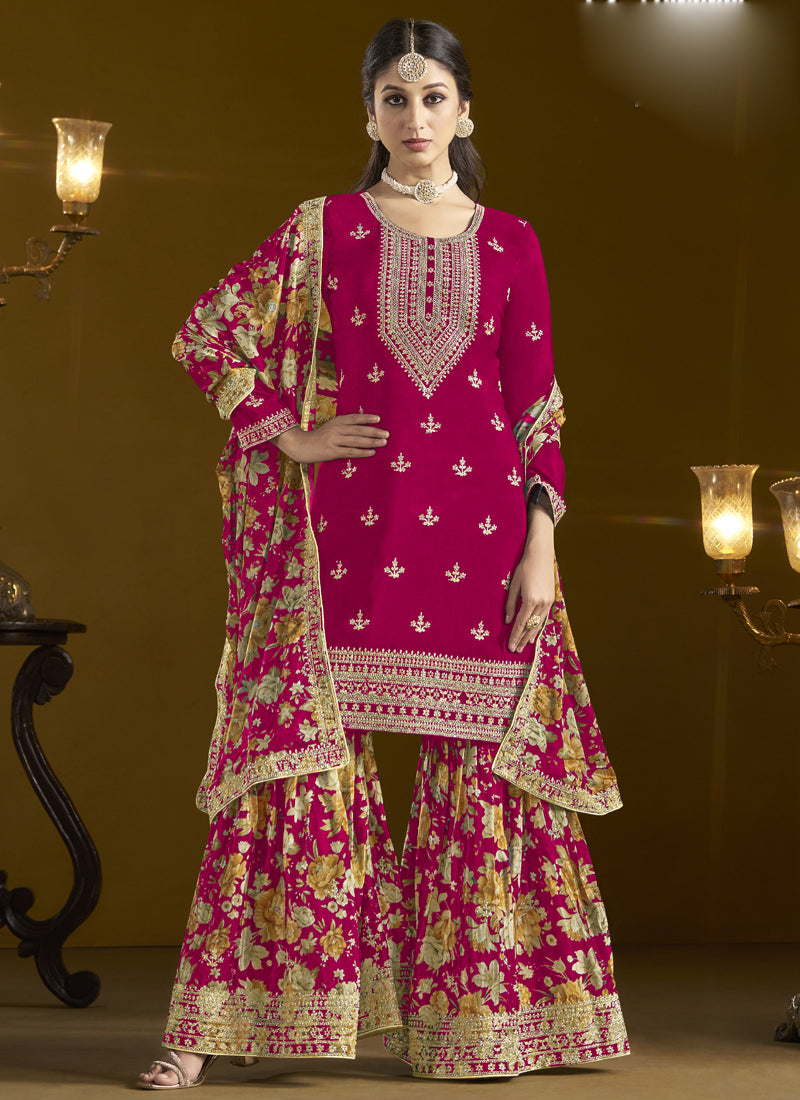 Vegaa Fashion Rani Pink Chinon Silk Embroidered Palazzo Suit | Grocsy