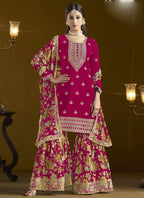 Vegaa Fashion Rani Pink Chinon Silk Embroidered Palazzo Suit | Grocsy