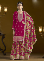 Vegaa Fashion Rani Pink Chinon Silk Embroidered Palazzo Suit | Grocsy