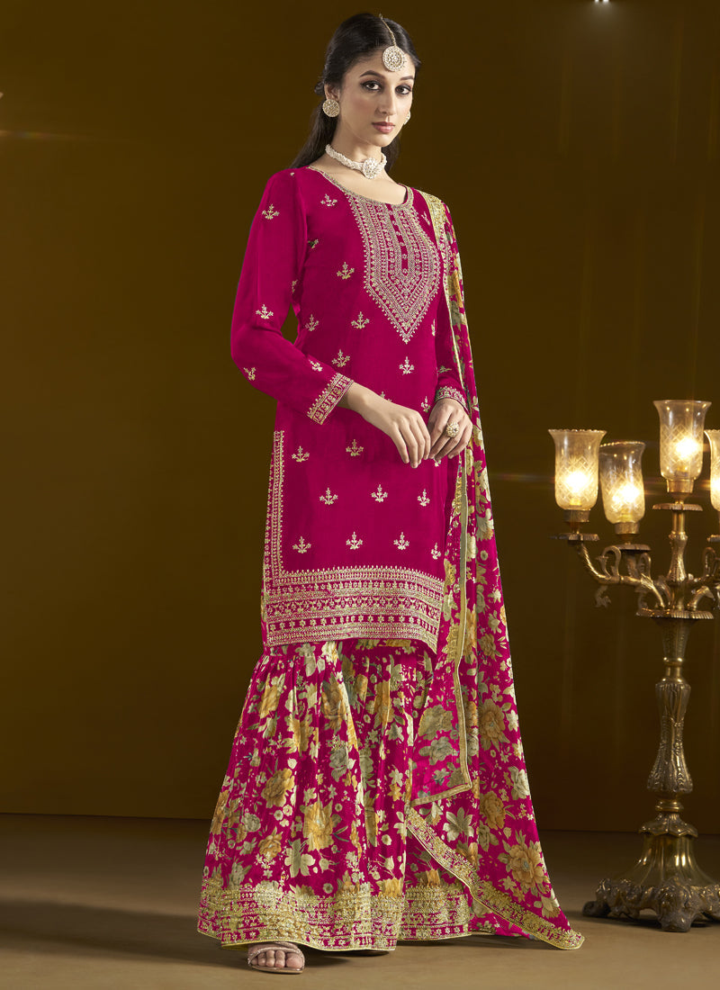 Vegaa Fashion Rani Pink Chinon Silk Embroidered Palazzo Suit | Grocsy