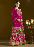 Vegaa Fashion Rani Pink Chinon Silk Embroidered Palazzo Suit | Grocsy