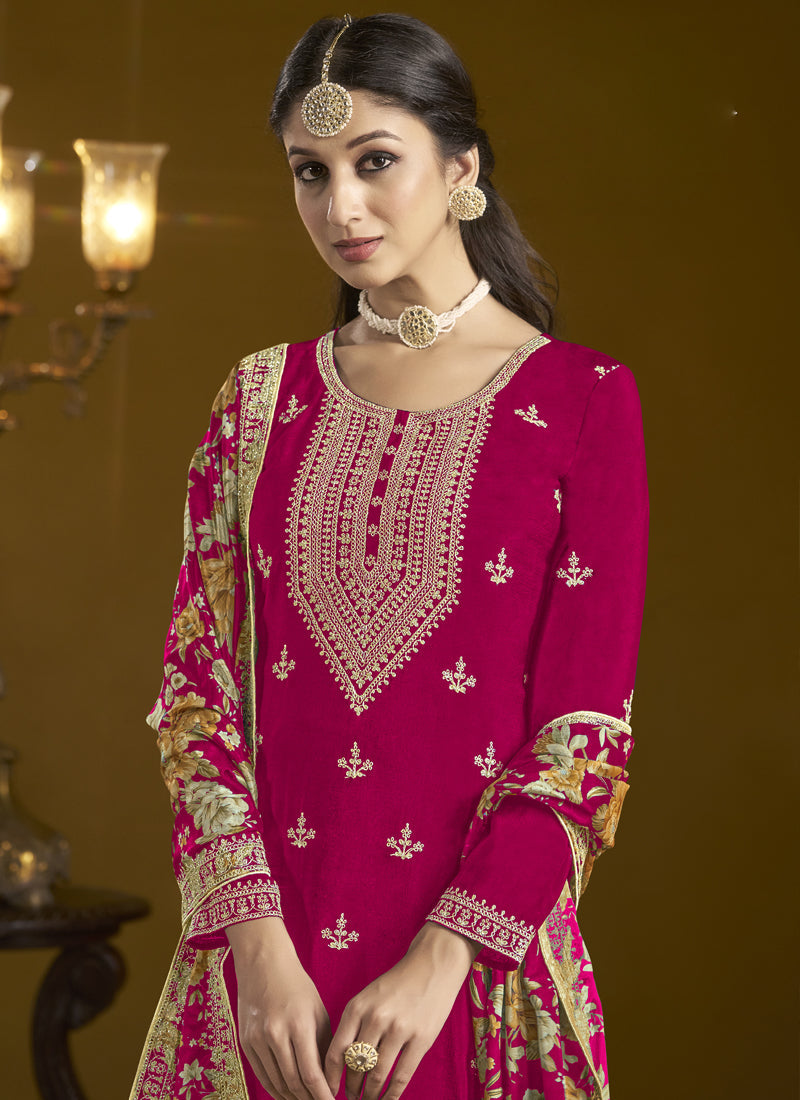 Vegaa Fashion Rani Pink Chinon Silk Embroidered Palazzo Suit | Grocsy