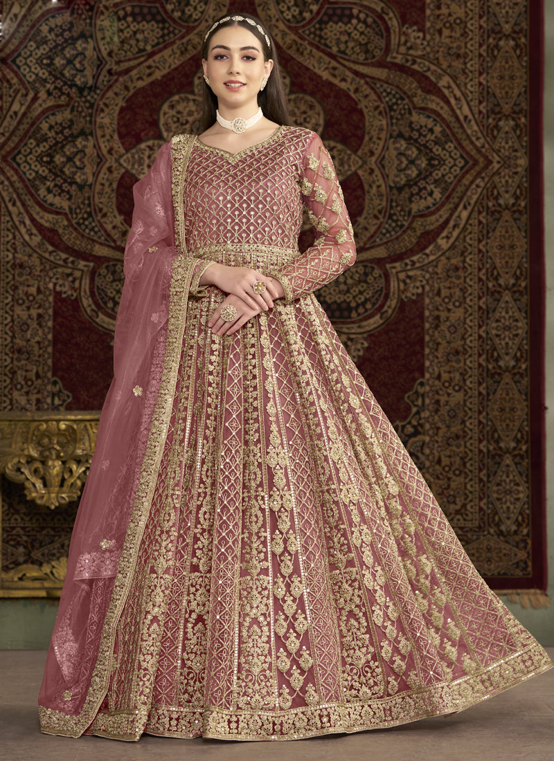 Vegaa Fashion Light Pink Net Embroidered Anarkali Suit | Grocsy
