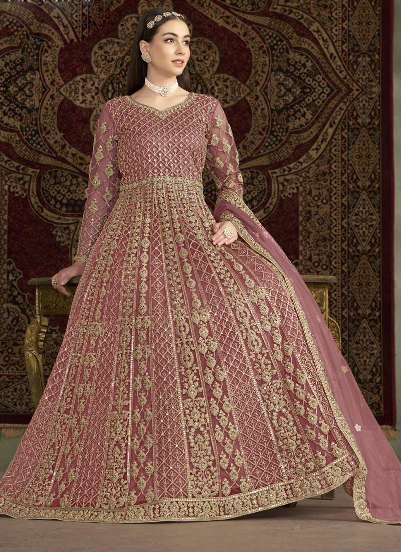 Vegaa Fashion Light Pink Net Embroidered Anarkali Suit | Grocsy