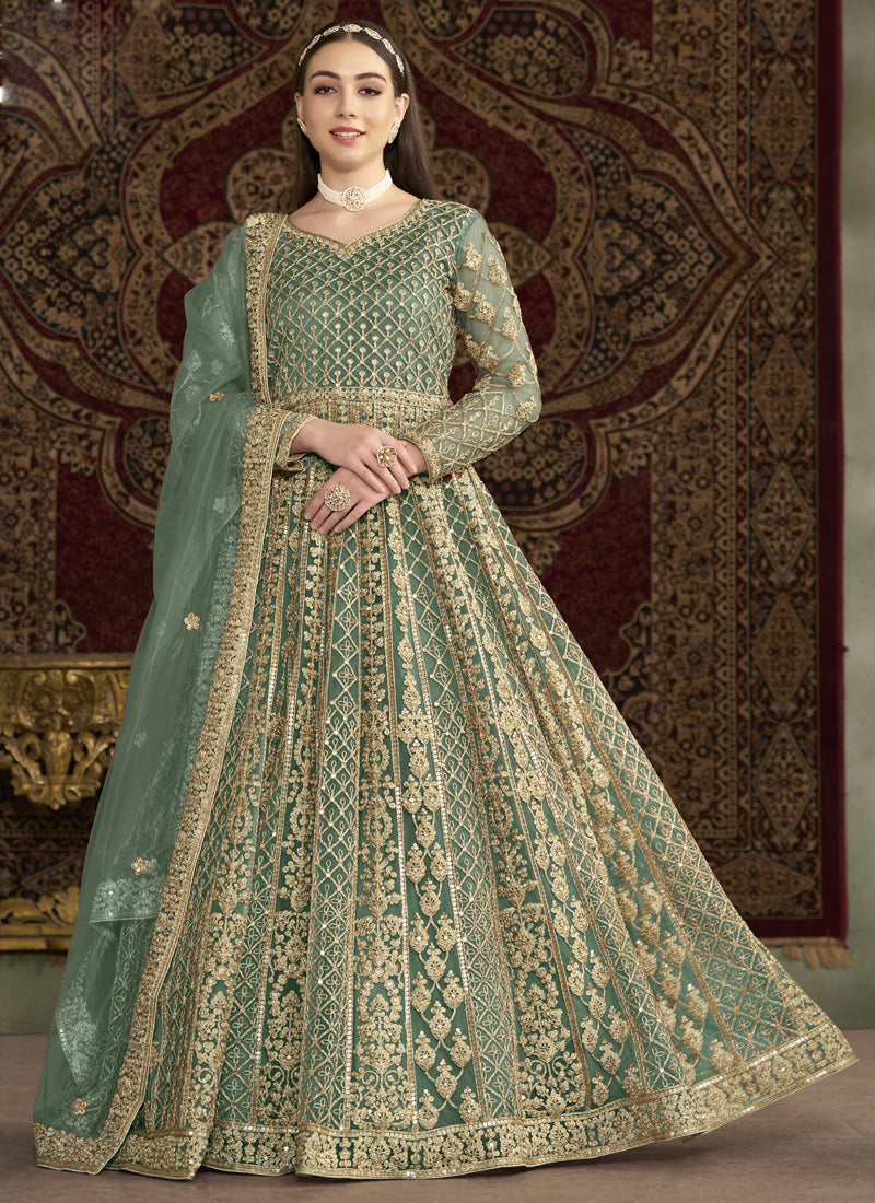 Vegaa Fashion Sea Green Net Embroidered Anarkali Suit | Grocsy