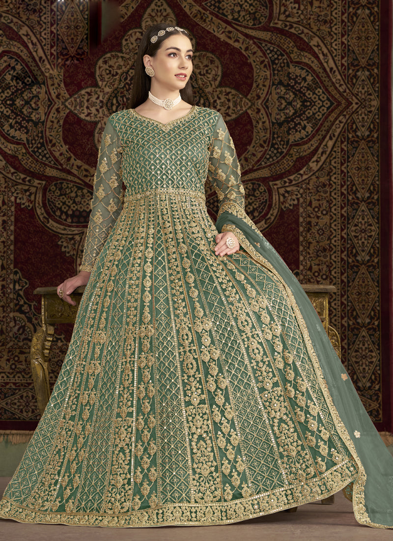 Vegaa Fashion Sea Green Net Embroidered Anarkali Suit | Grocsy