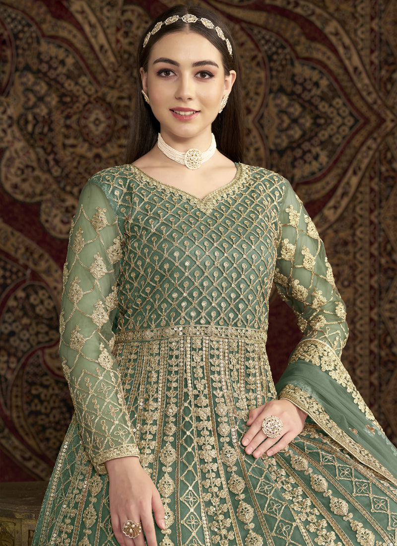 Vegaa Fashion Sea Green Net Embroidered Anarkali Suit | Grocsy