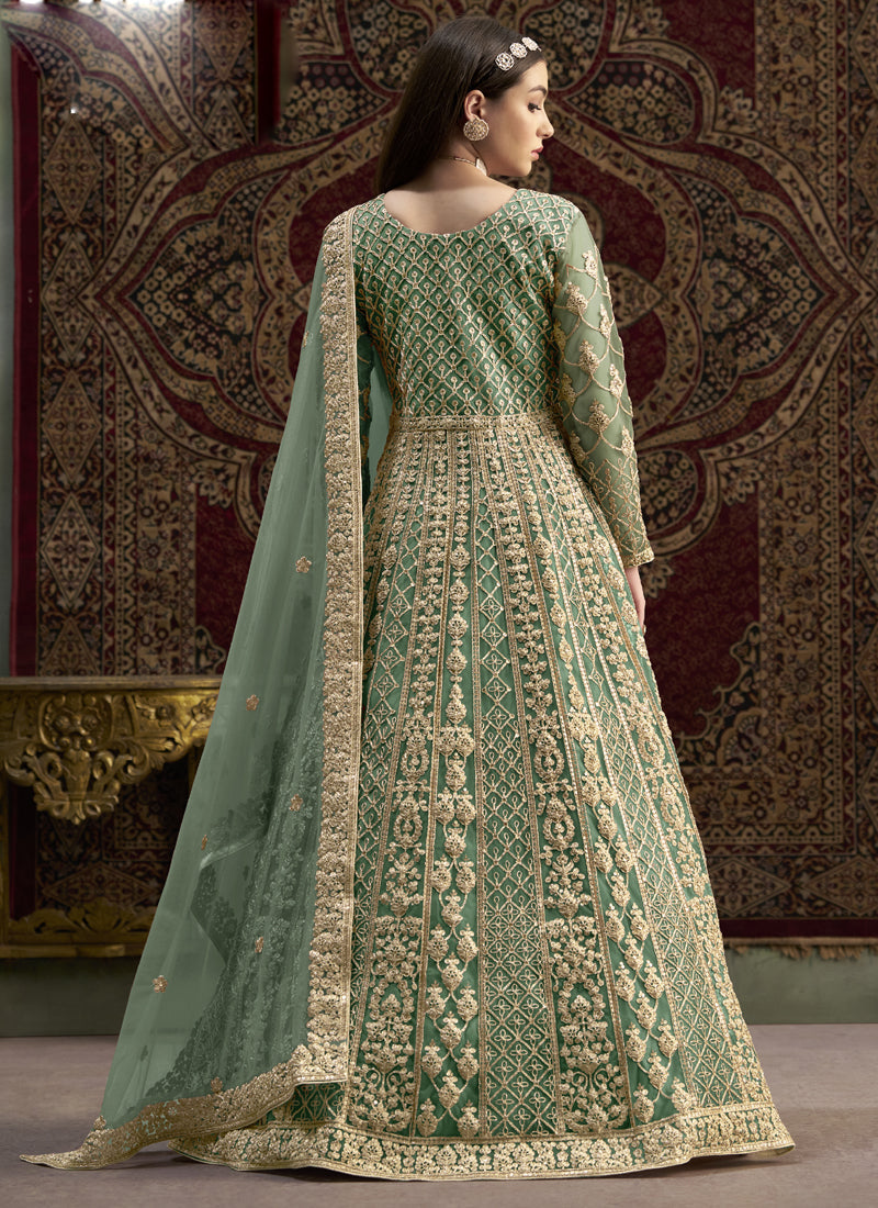 Vegaa Fashion Sea Green Net Embroidered Anarkali Suit | Grocsy
