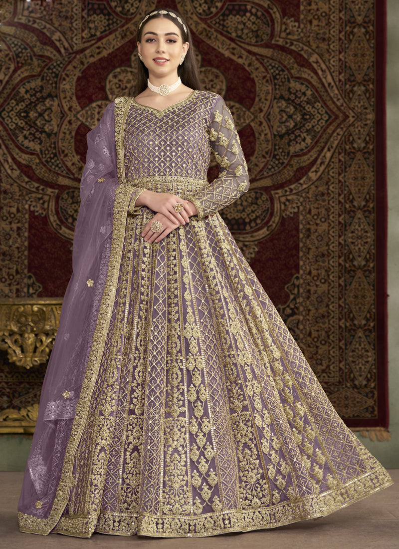 Vegaa Fashion Lavender Net Embroidered Anarkali Suit | Grocsy