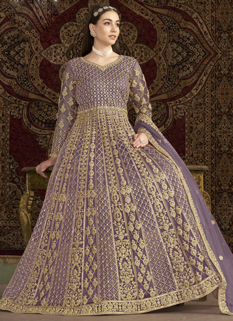 Vegaa Fashion Lavender Net Embroidered Anarkali Suit | Grocsy