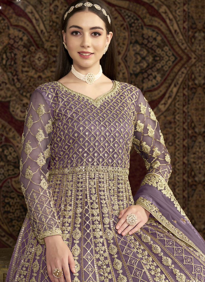 Vegaa Fashion Lavender Net Embroidered Anarkali Suit | Grocsy