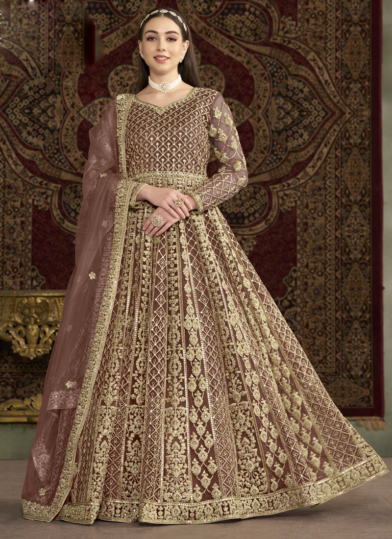 Vegaa Fashion Light Brown Net Embroidered Anarkali Suit | Grocsy