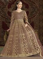 Vegaa Fashion Light Brown Net Embroidered Anarkali Suit | Grocsy
