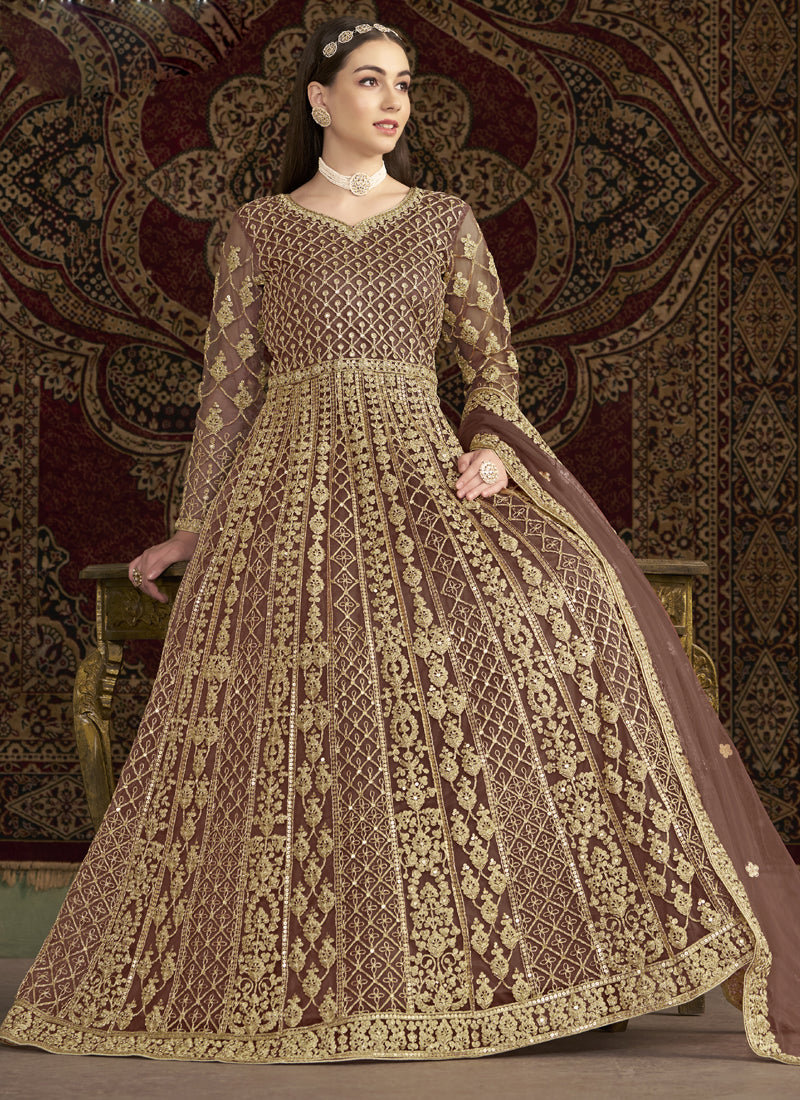 Vegaa Fashion Light Brown Net Embroidered Anarkali Suit | Grocsy