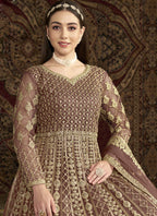Vegaa Fashion Light Brown Net Embroidered Anarkali Suit | Grocsy