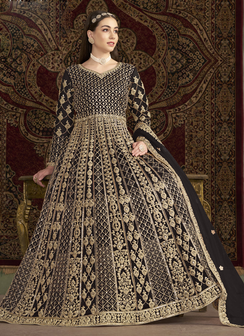 Vegaa Fashion Dark Brown Net Embroidered Anarkali Suit | Grocsy