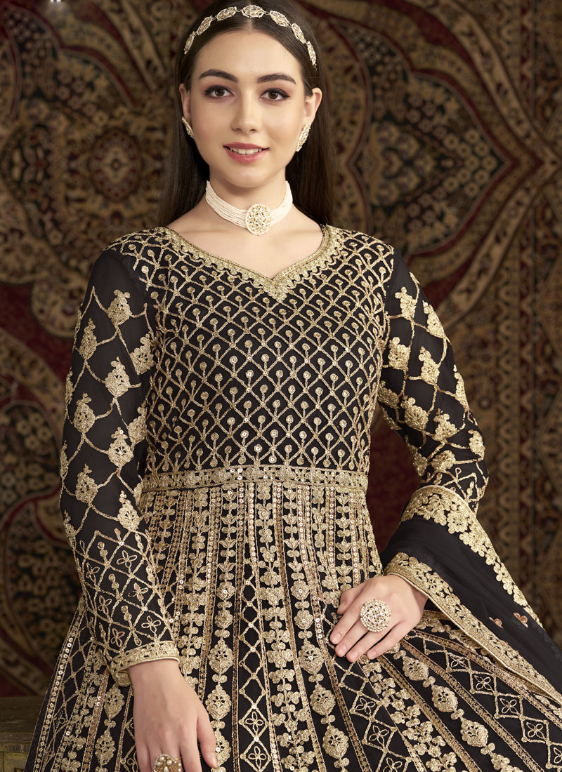 Vegaa Fashion Dark Brown Net Embroidered Anarkali Suit | Grocsy