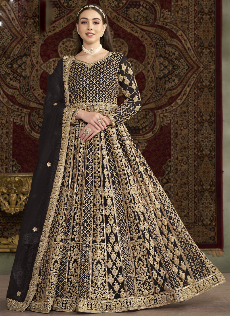 Vegaa Fashion Dark Brown Net Embroidered Anarkali Suit | Grocsy