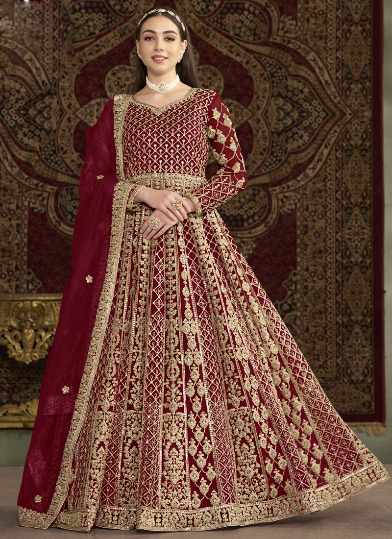 Vegaa Fashion Maroon Net Embroidered Anarkali Suit | Grocsy