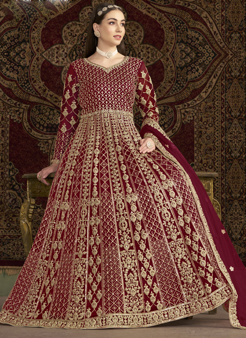 Vegaa Fashion Maroon Net Embroidered Anarkali Suit | Grocsy