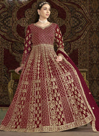 Vegaa Fashion Maroon Net Embroidered Anarkali Suit | Grocsy
