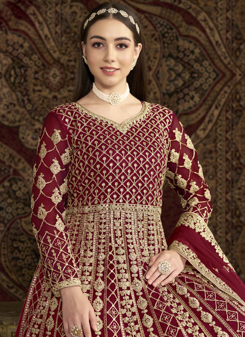 Vegaa Fashion Maroon Net Embroidered Anarkali Suit | Grocsy