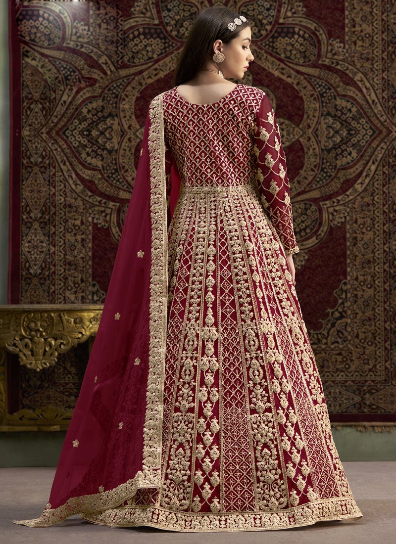 Vegaa Fashion Maroon Net Embroidered Anarkali Suit | Grocsy