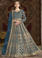 Vegaa Fashion Aqua Blue Net Embroidered Anarkali Suit | Grocsy