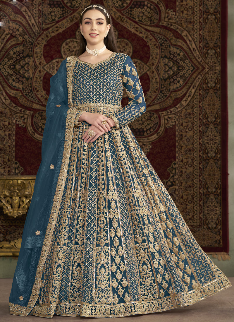 Vegaa Fashion Aqua Blue Net Embroidered Anarkali Suit | Grocsy