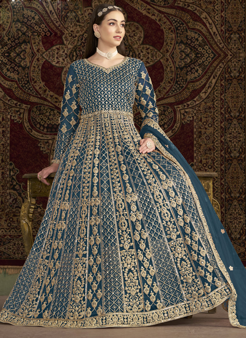 Vegaa Fashion Aqua Blue Net Embroidered Anarkali Suit | Grocsy