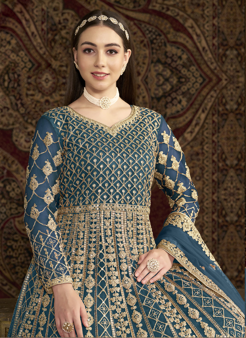 Vegaa Fashion Aqua Blue Net Embroidered Anarkali Suit | Grocsy