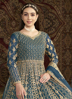 Vegaa Fashion Aqua Blue Net Embroidered Anarkali Suit | Grocsy