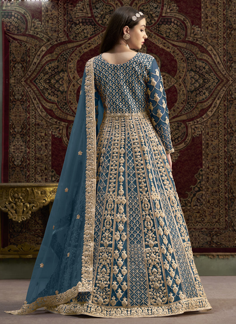 Vegaa Fashion Aqua Blue Net Embroidered Anarkali Suit | Grocsy