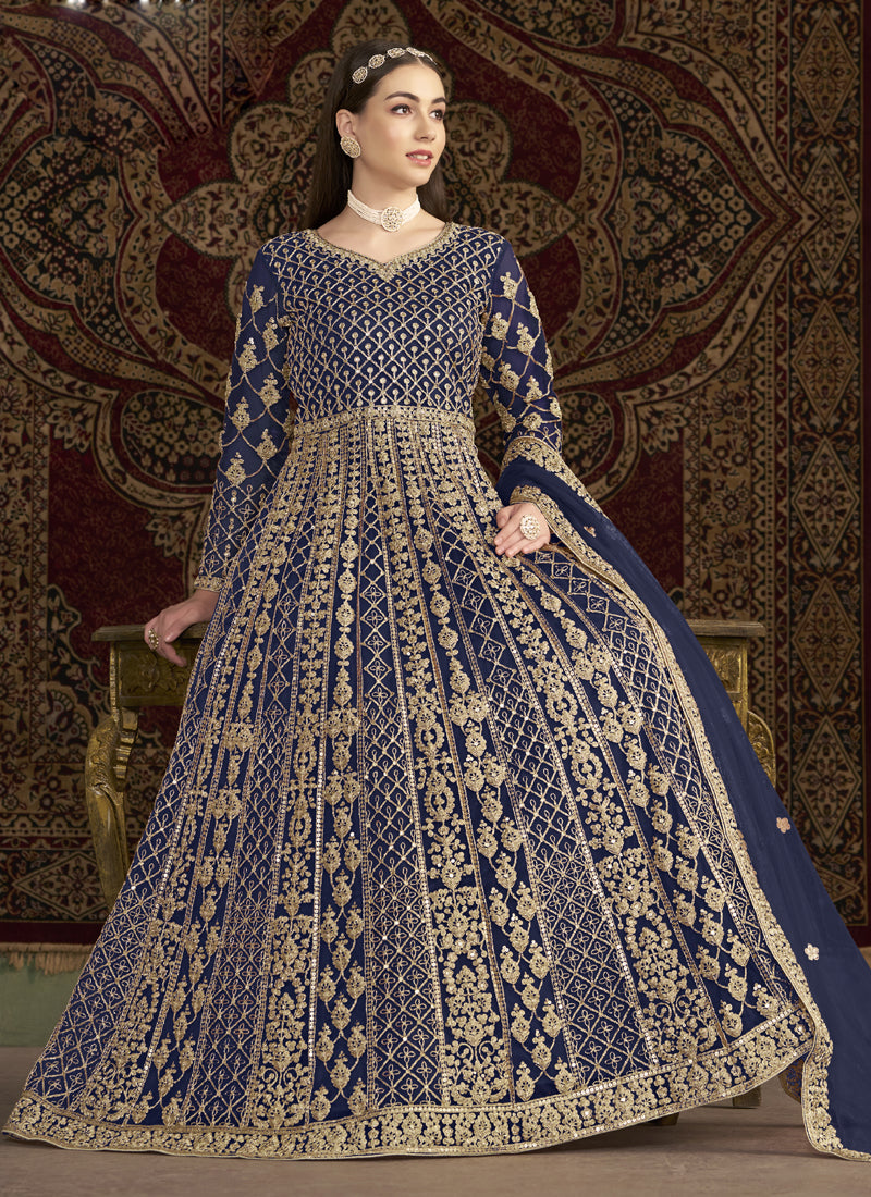 Vegaa Fashion Blue Net Embroidered Anarkali Suit | Grocsy
