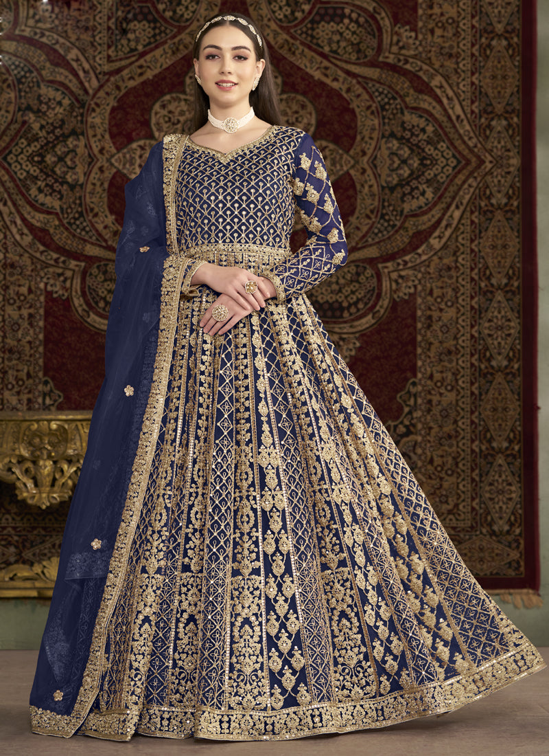 Vegaa Fashion Blue Net Embroidered Anarkali Suit | Grocsy