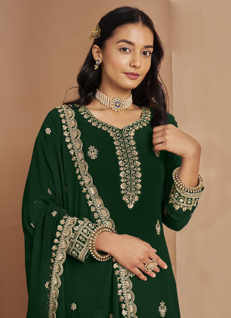Vegaa Fashion Green Faux Georgette Embroidered Palazzo Suit | Grocsy