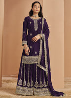 Vegaa Fashion Violet Faux Georgette Embroidered Palazzo Suit | Grocsy
