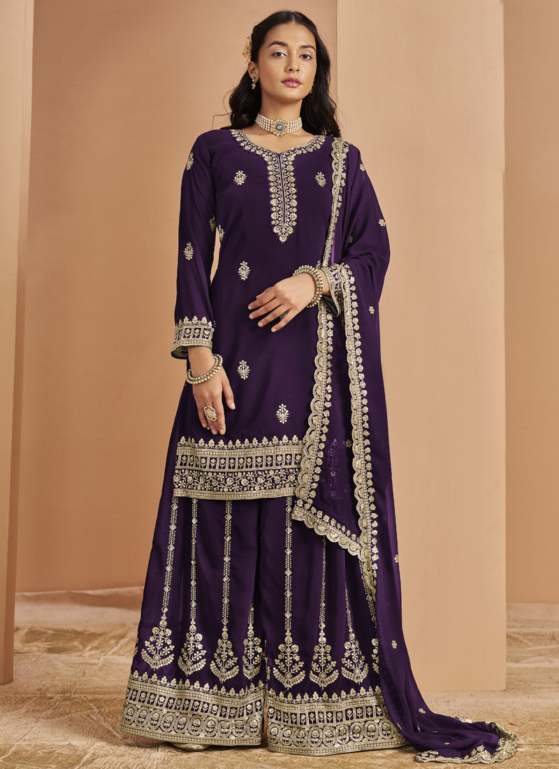 Vegaa Fashion Violet Faux Georgette Embroidered Palazzo Suit | Grocsy