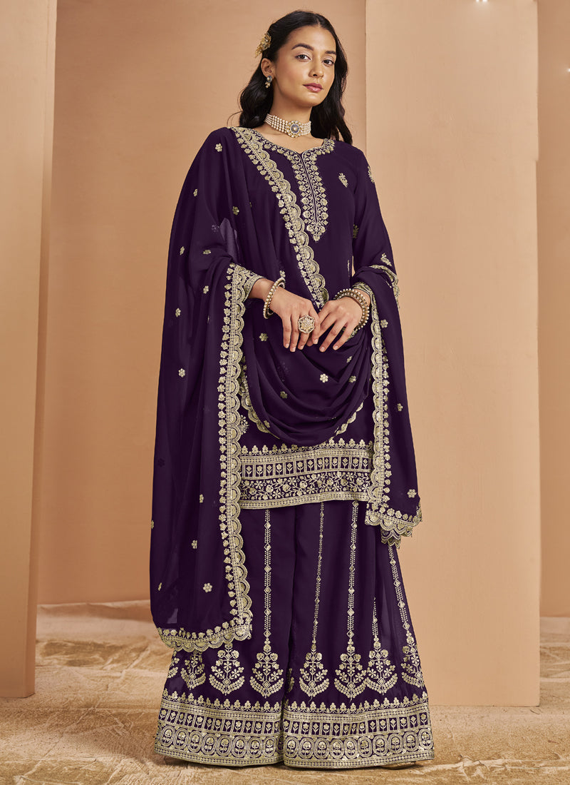 Vegaa Fashion Violet Faux Georgette Embroidered Palazzo Suit | Grocsy