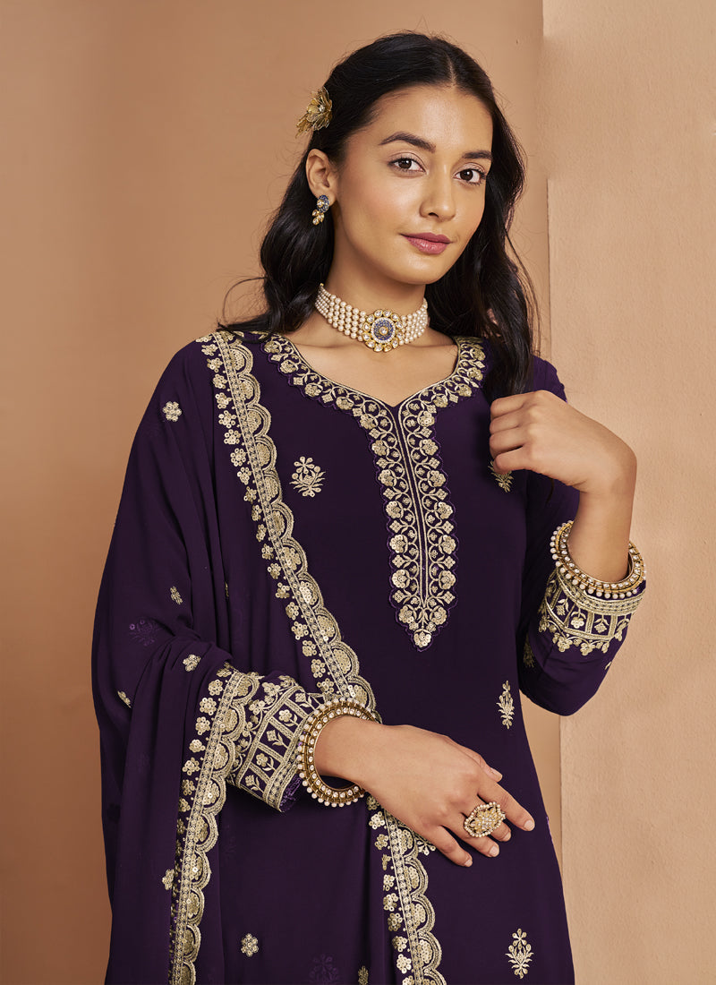 Vegaa Fashion Violet Faux Georgette Embroidered Palazzo Suit | Grocsy