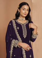 Vegaa Fashion Violet Faux Georgette Embroidered Palazzo Suit | Grocsy