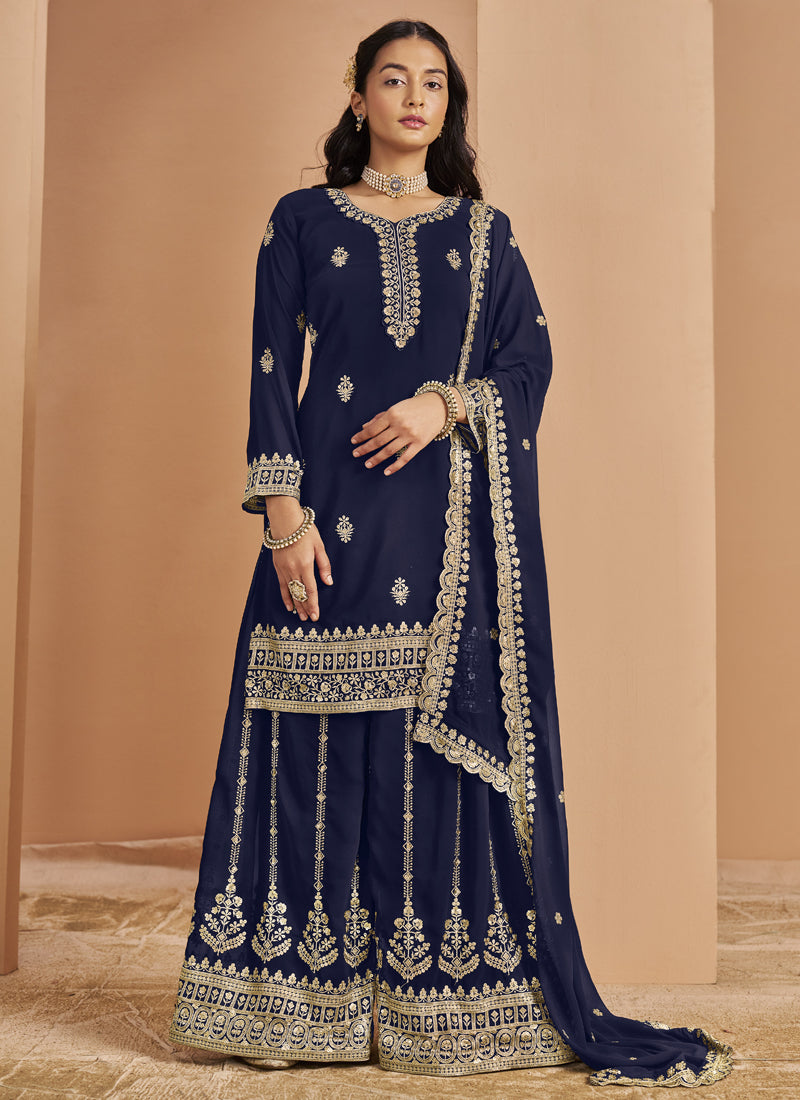 Vegaa Fashion Navy Blue Faux Georgette Embroidered Palazzo Suit | Grocsy
