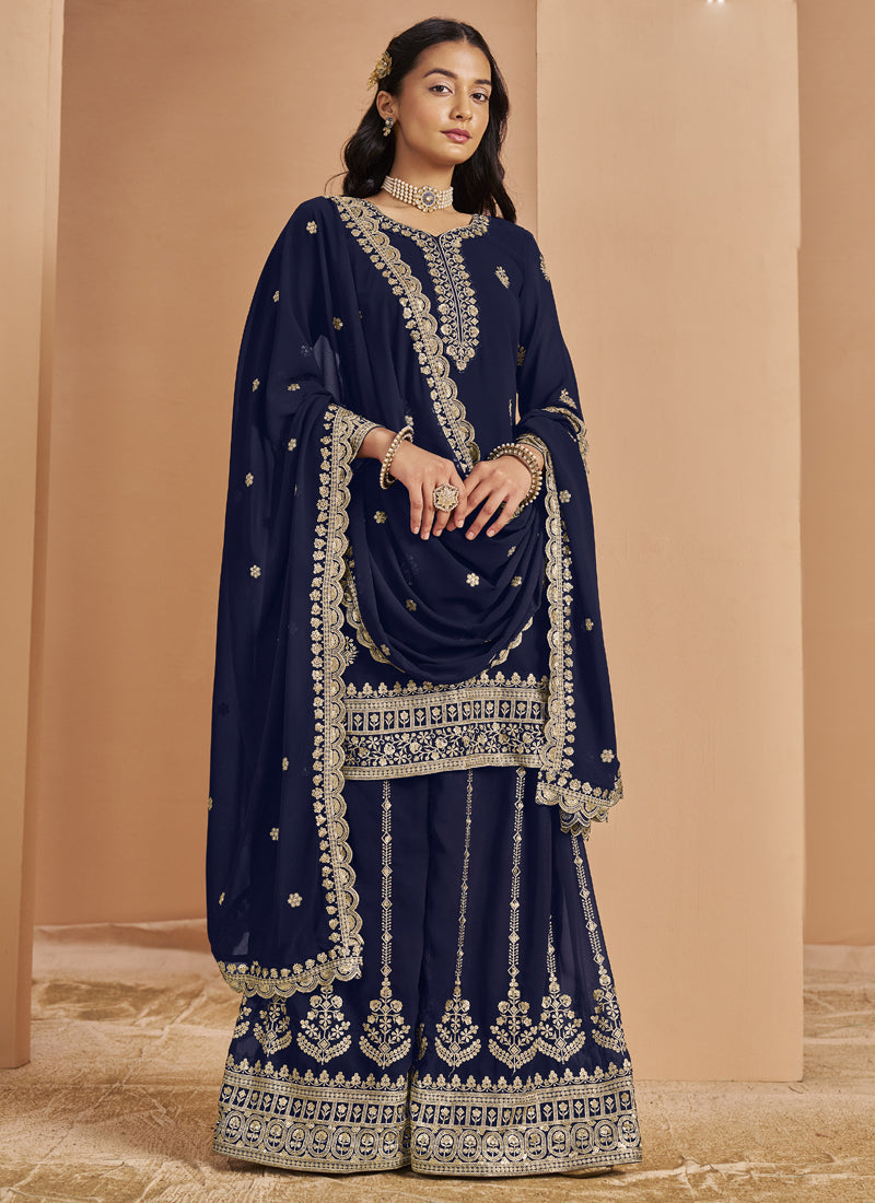 Vegaa Fashion Navy Blue Faux Georgette Embroidered Palazzo Suit | Grocsy