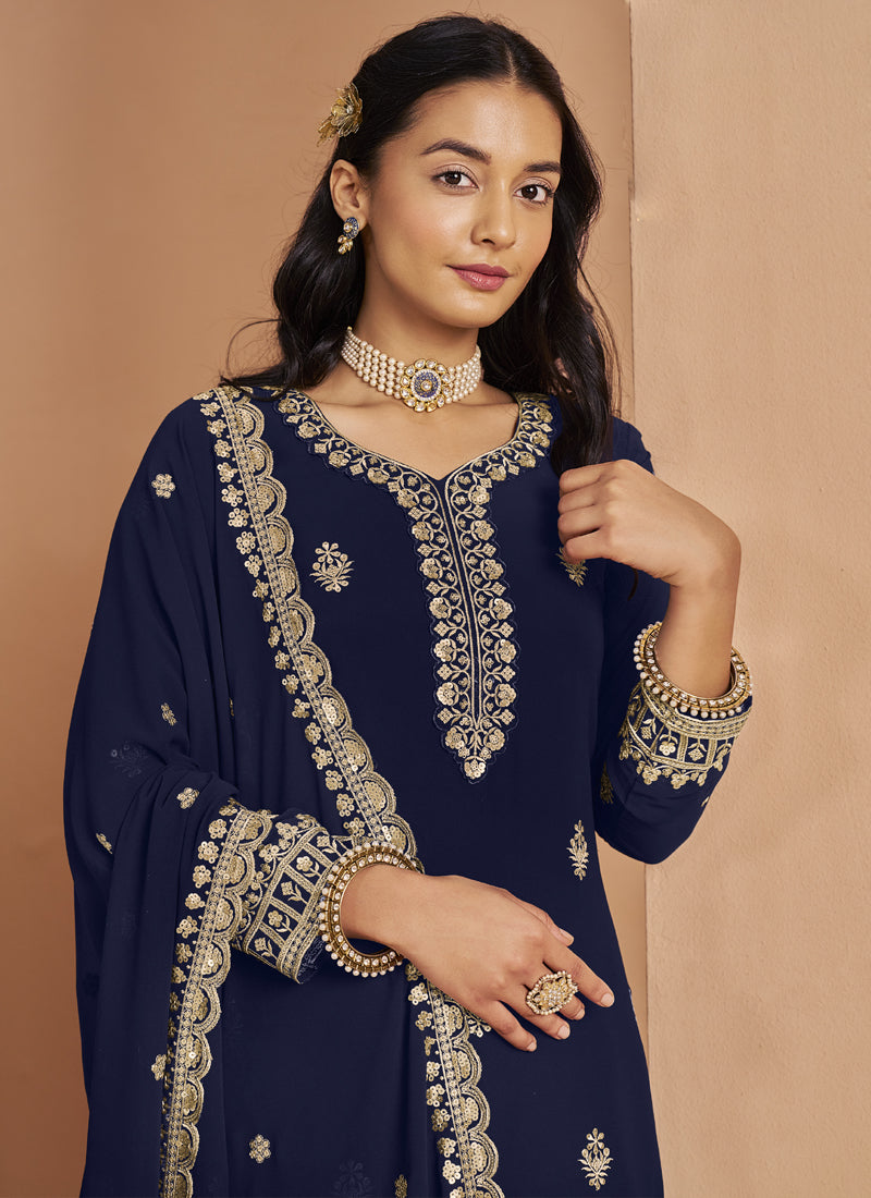 Vegaa Fashion Navy Blue Faux Georgette Embroidered Palazzo Suit | Grocsy