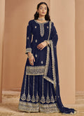 Vegaa Fashion Navy Blue Faux Georgette Embroidered Palazzo Suit | Grocsy