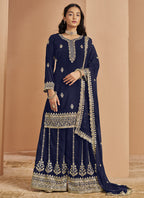Vegaa Fashion Navy Blue Faux Georgette Embroidered Palazzo Suit | Grocsy