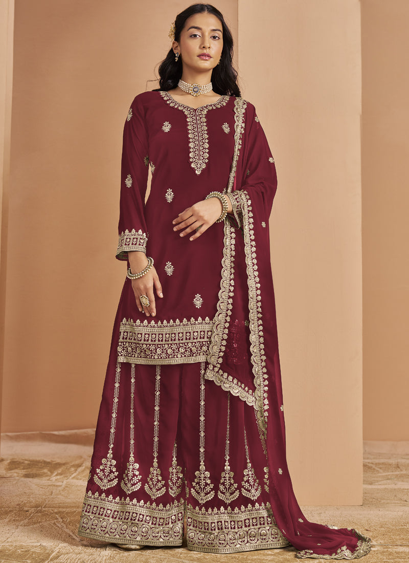 Vegaa Fashion Maroon Faux Georgette Embroidered Palazzo Suit | Grocsy