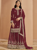 Vegaa Fashion Maroon Faux Georgette Embroidered Palazzo Suit | Grocsy