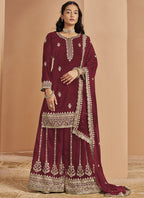 Vegaa Fashion Maroon Faux Georgette Embroidered Palazzo Suit | Grocsy